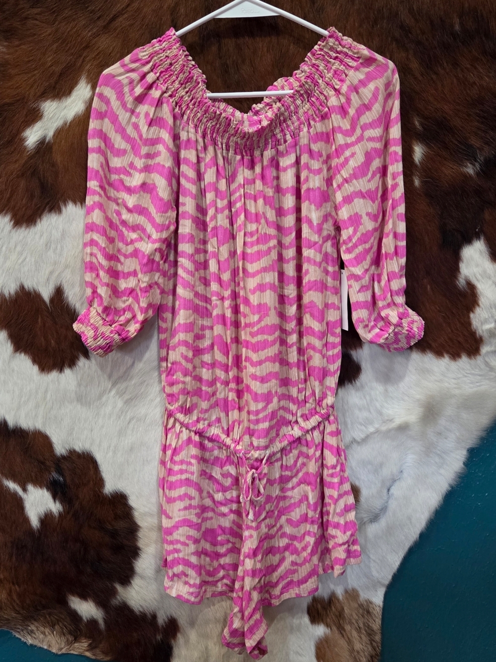Raisins Pink and Cream Zebra Print Off-Shoulder Romper